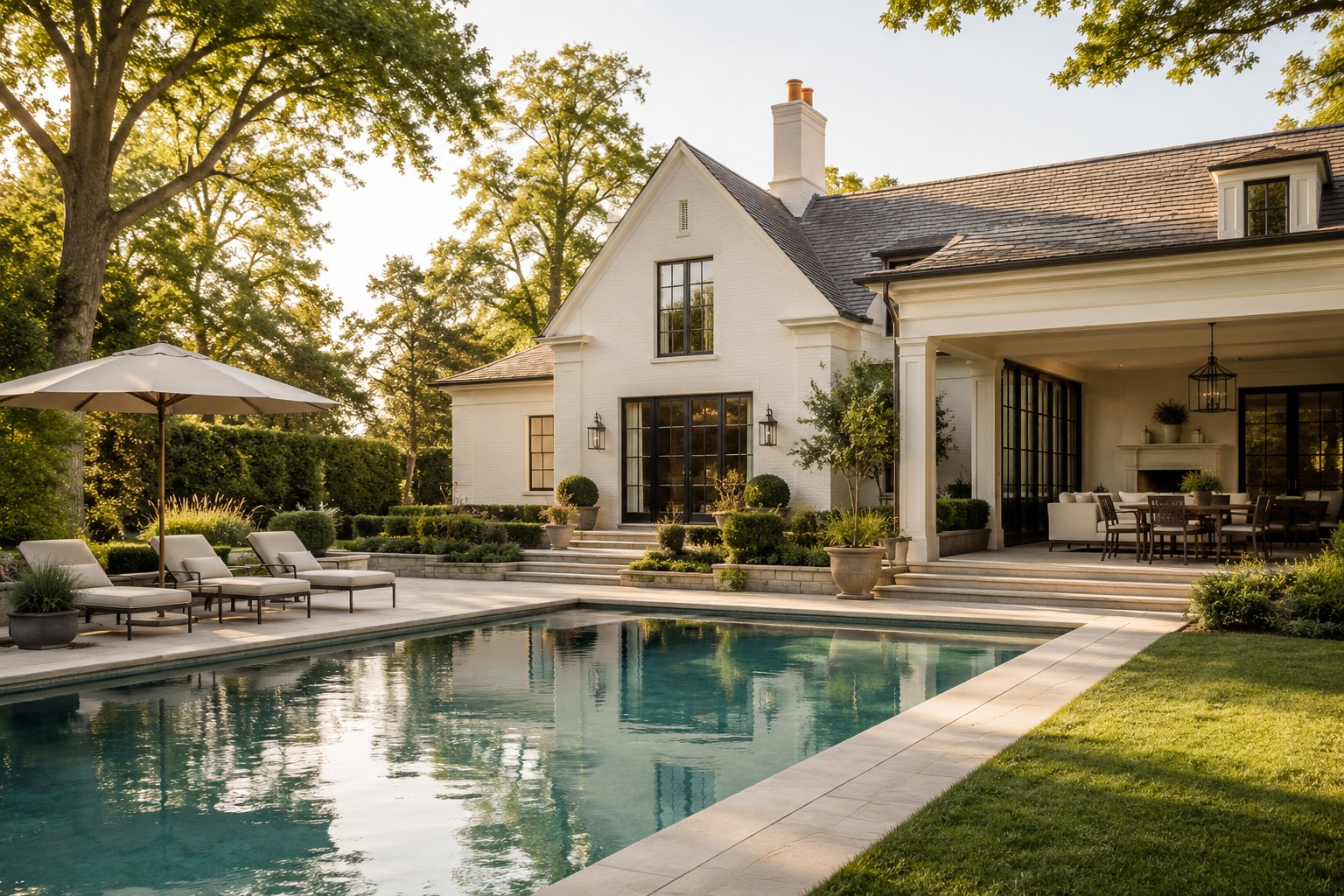 Elegant white brick estate with a custom pool and outdoor living space